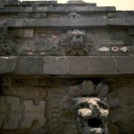 This view of the stepped front facade of the Quetzalcoatl Pyramid. Teotihuacan
